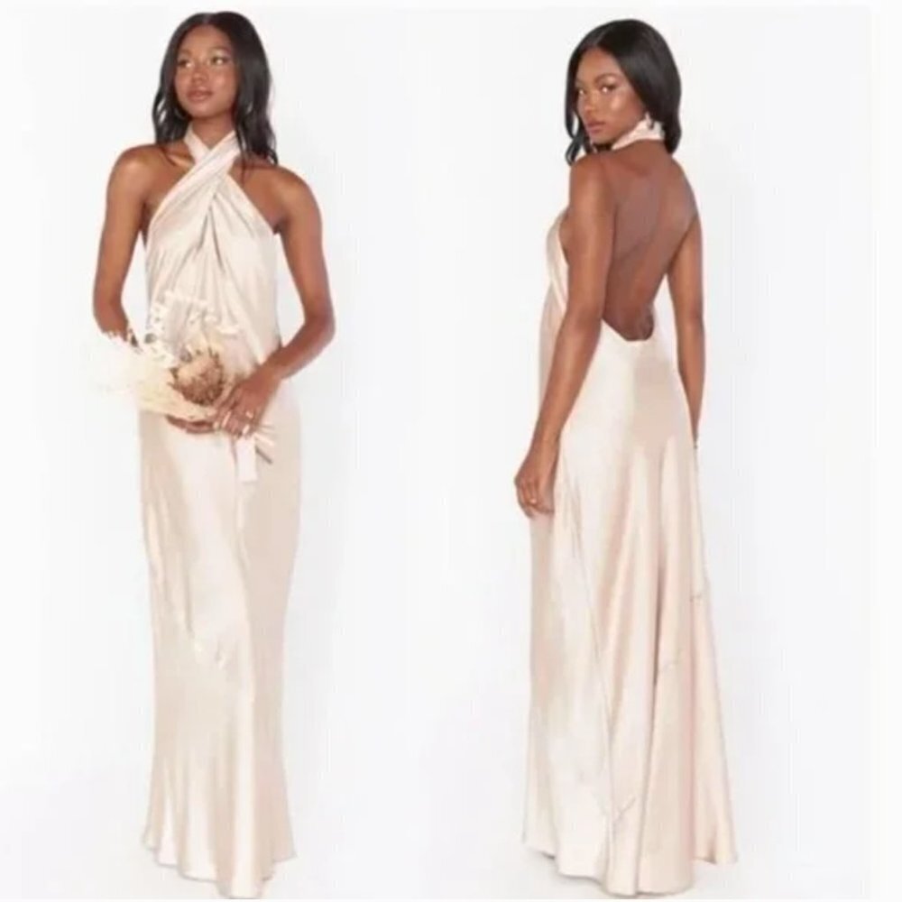 Show Me Your Mumu Jasmine Halter Maxi Dress Luxe Satin CH62 L NWOT